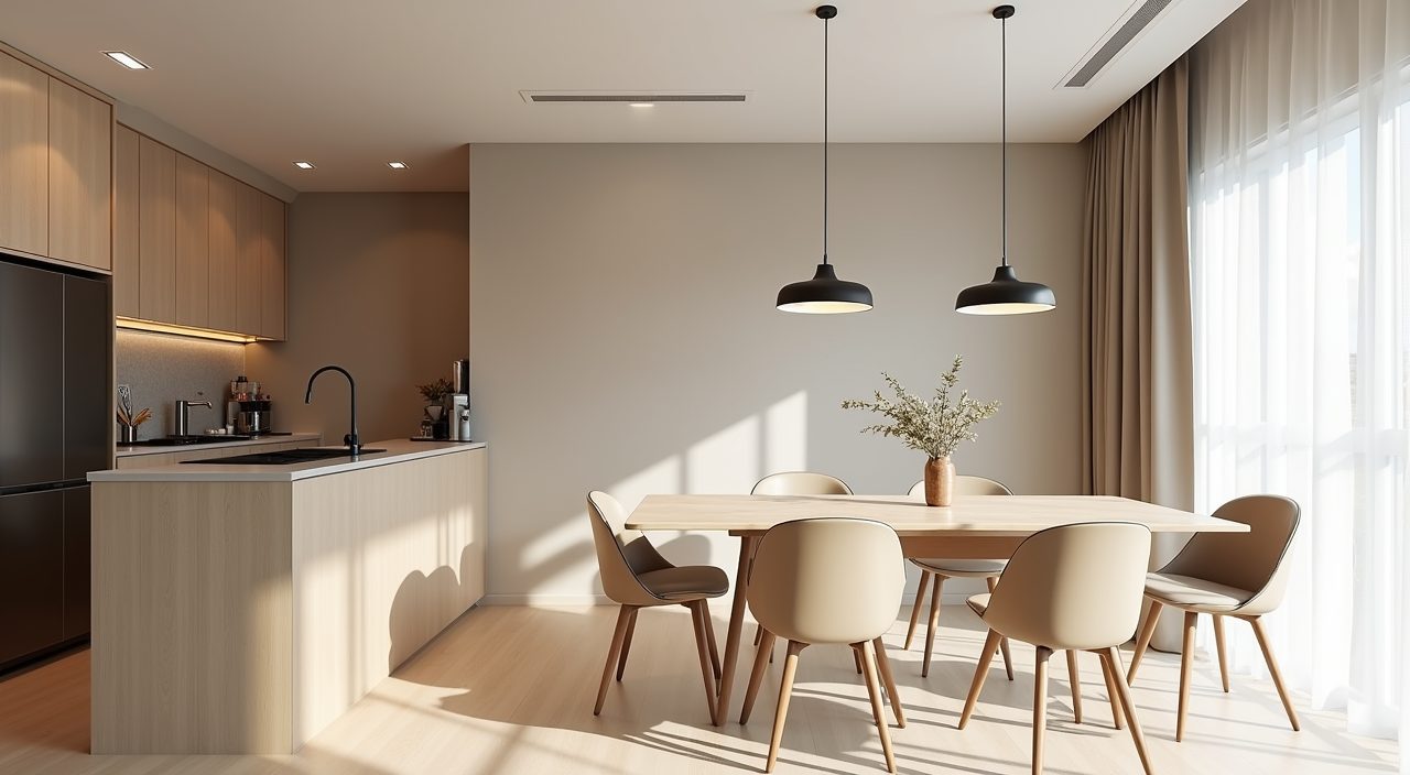 Contemporary HDB dining area in a light warm greige and pale oak palette