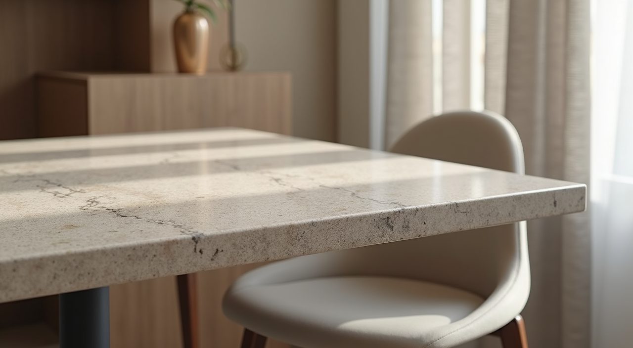 Close-up of sintered stone tabletop and matte laminate finishes in a contemporary HDB dining area