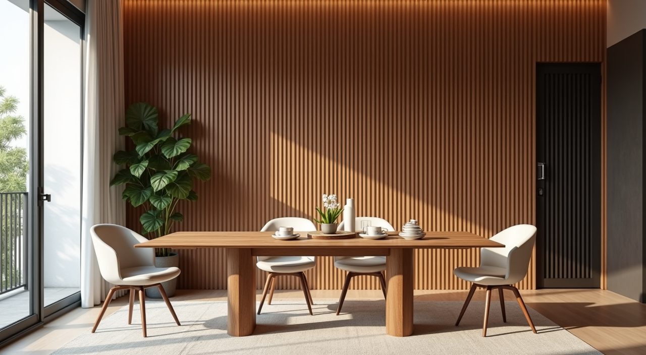 Contemporary HDB dining area with a fluted timber slat feature wall behind the table