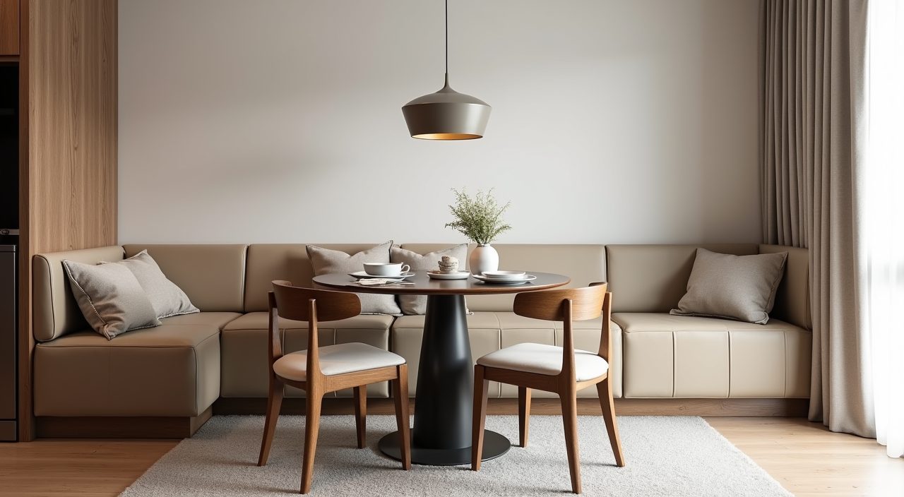 Contemporary HDB dining area with an L-shape built-in banquette bench in a corner