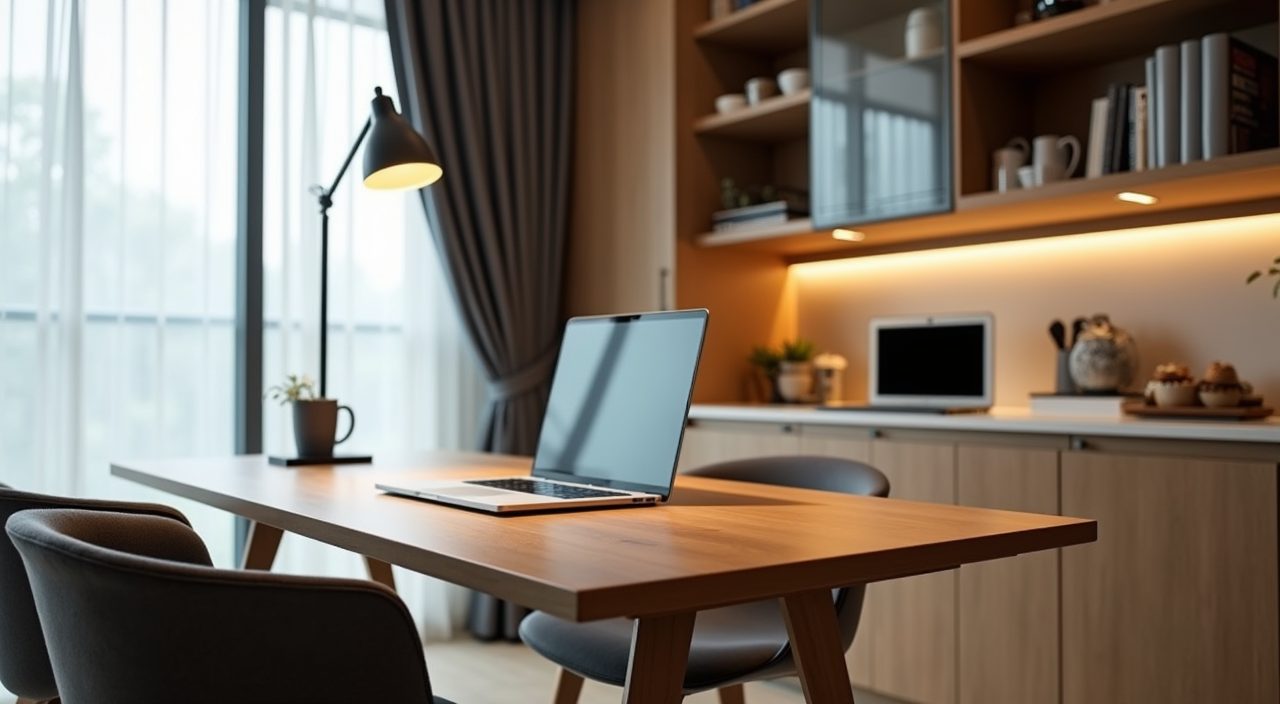 Contemporary HDB dining table doubling as a work and study zone with a slim task lamp