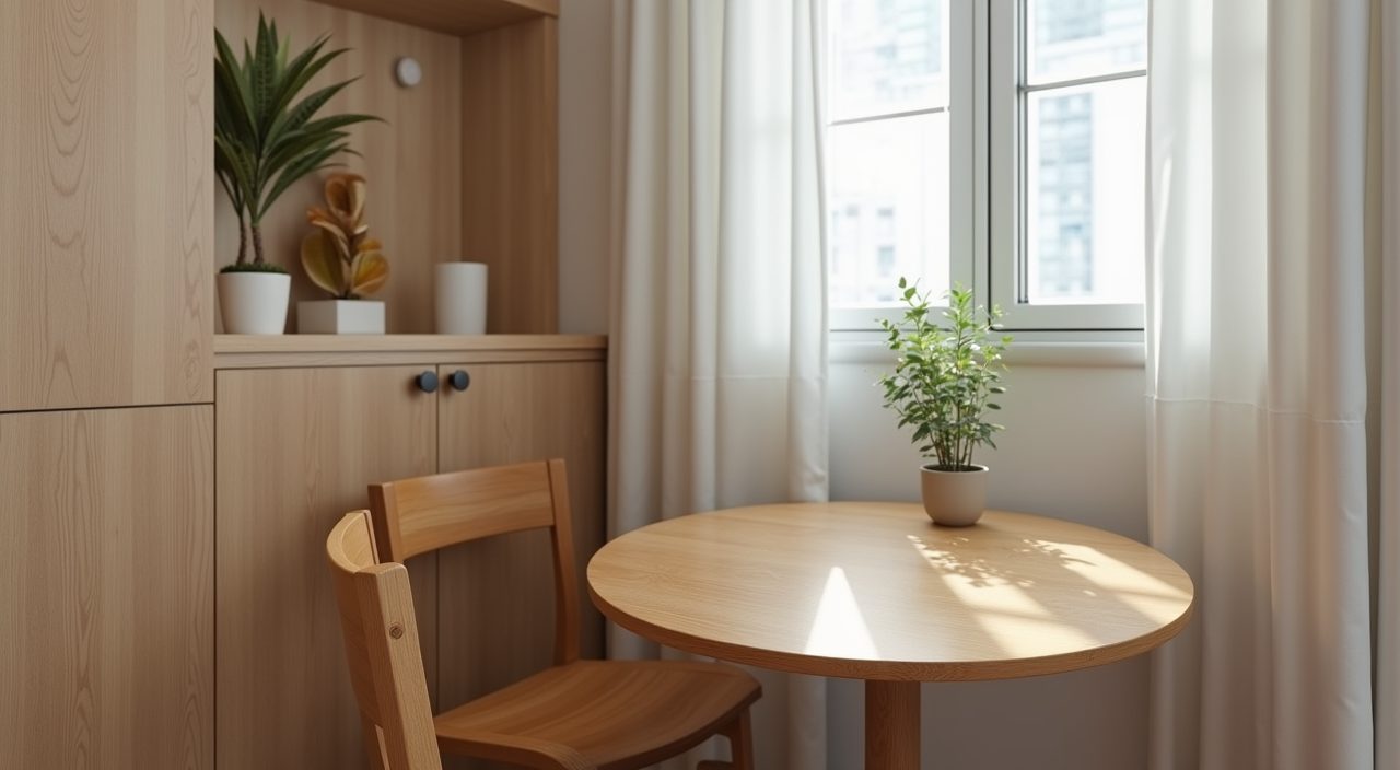 Round light oak dining table tucked into a tight corner of a contemporary HDB flat