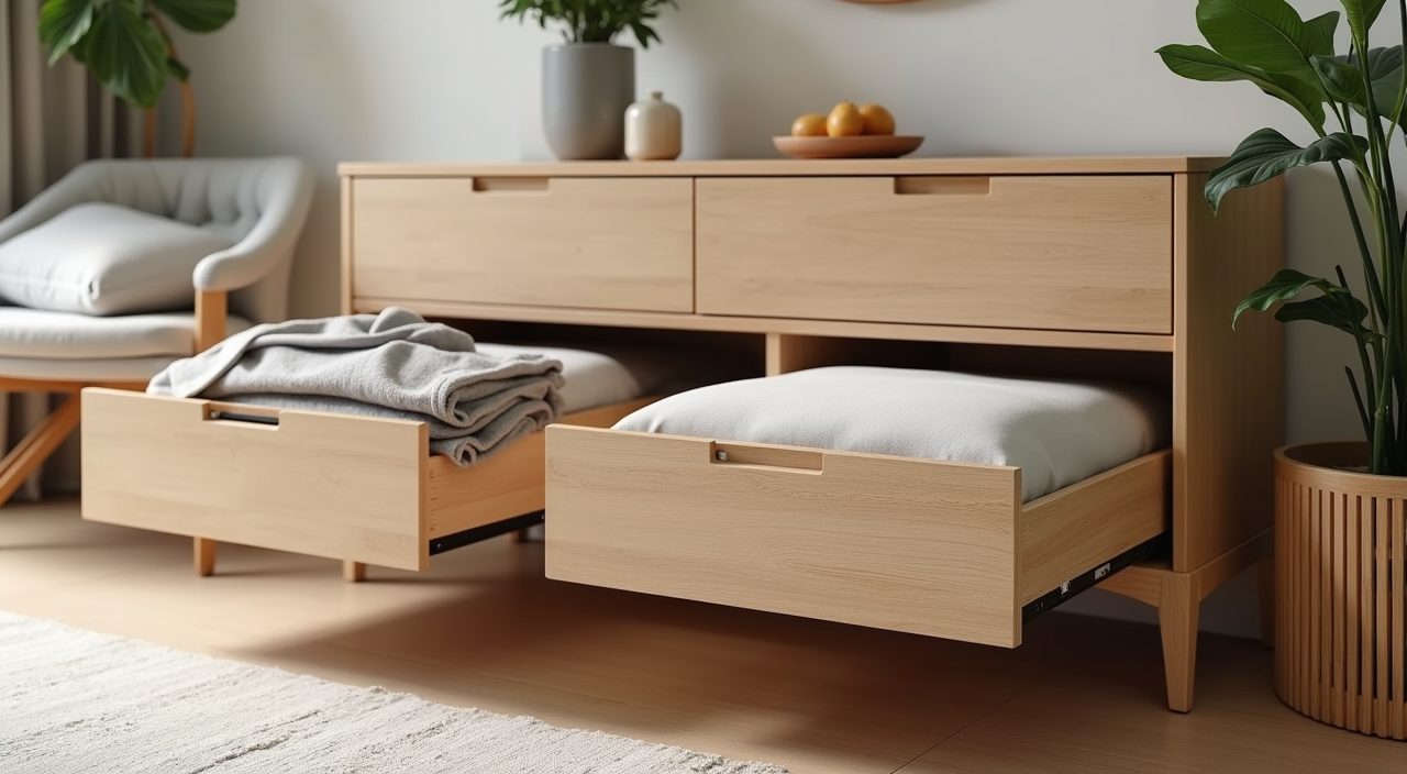 Light timber sideboard and lift-up bench storage detail in a contemporary HDB dining area
