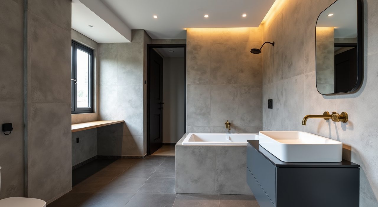 Industrial style Singapore HDB bathroom in grey and charcoal palette with one warm brass accent