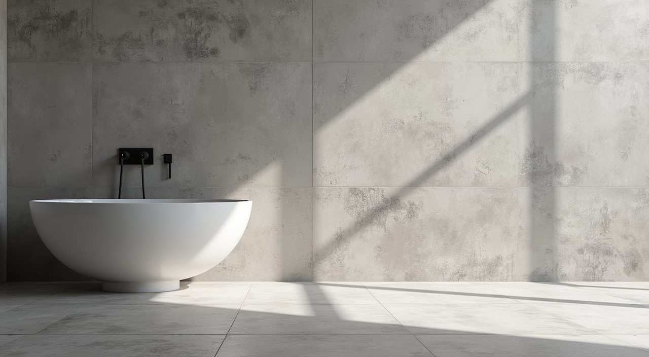 Microcement and concrete-look porcelain tile detail in an industrial Singapore bathroom wall