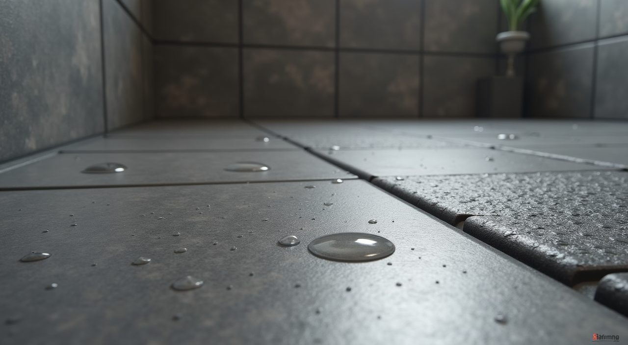 Textured non-slip wet-area floor tile detail beside a charcoal shower kerb in an industrial Singapore bathroom