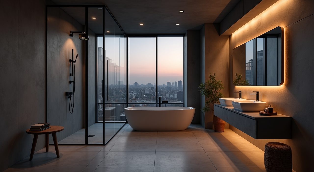 Dusk mood shot of an industrial style Singapore condo bathroom with warm layered lighting