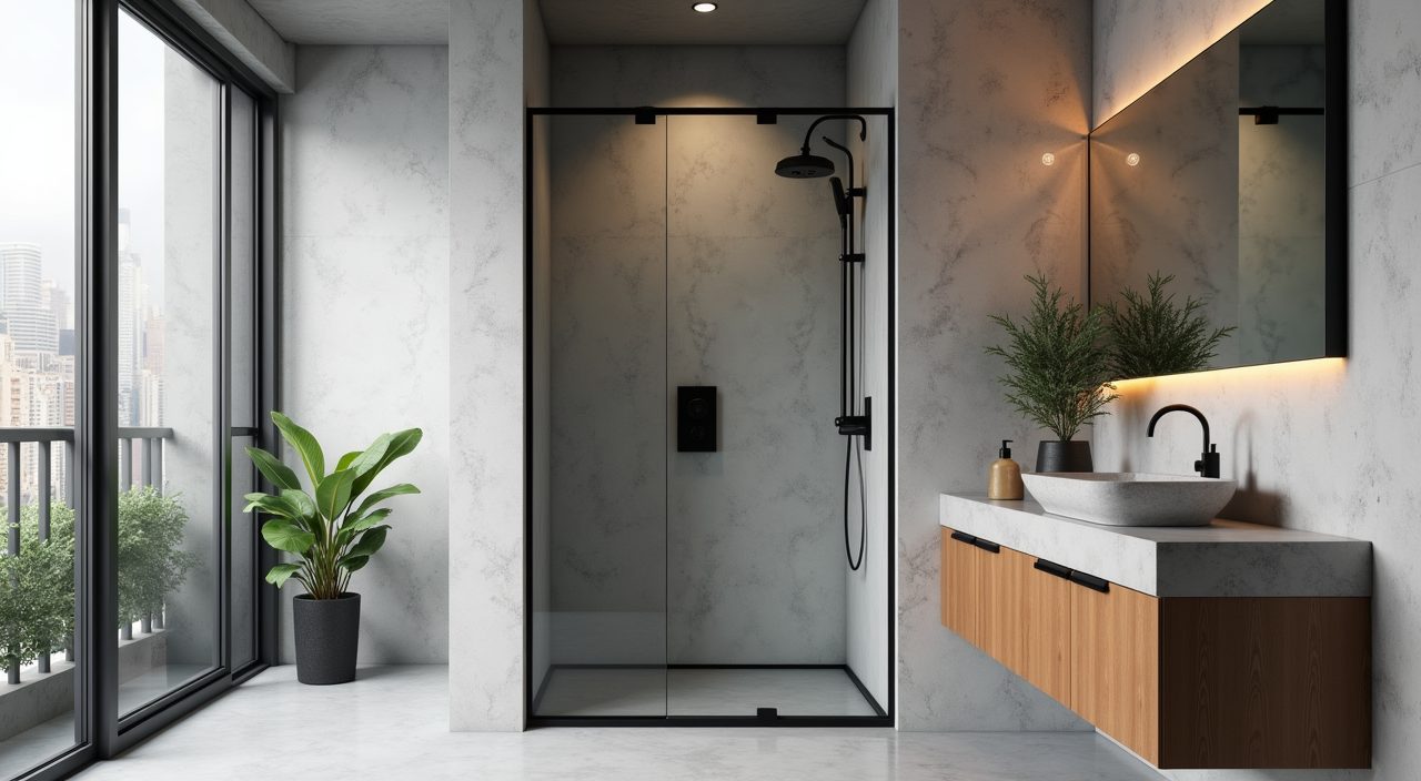 Black-framed Crittall style glass shower screen in an industrial Singapore condo bathroom