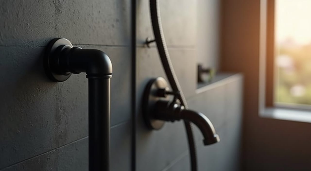 Matte black exposed tapware and rain shower fittings in an industrial Singapore bathroom