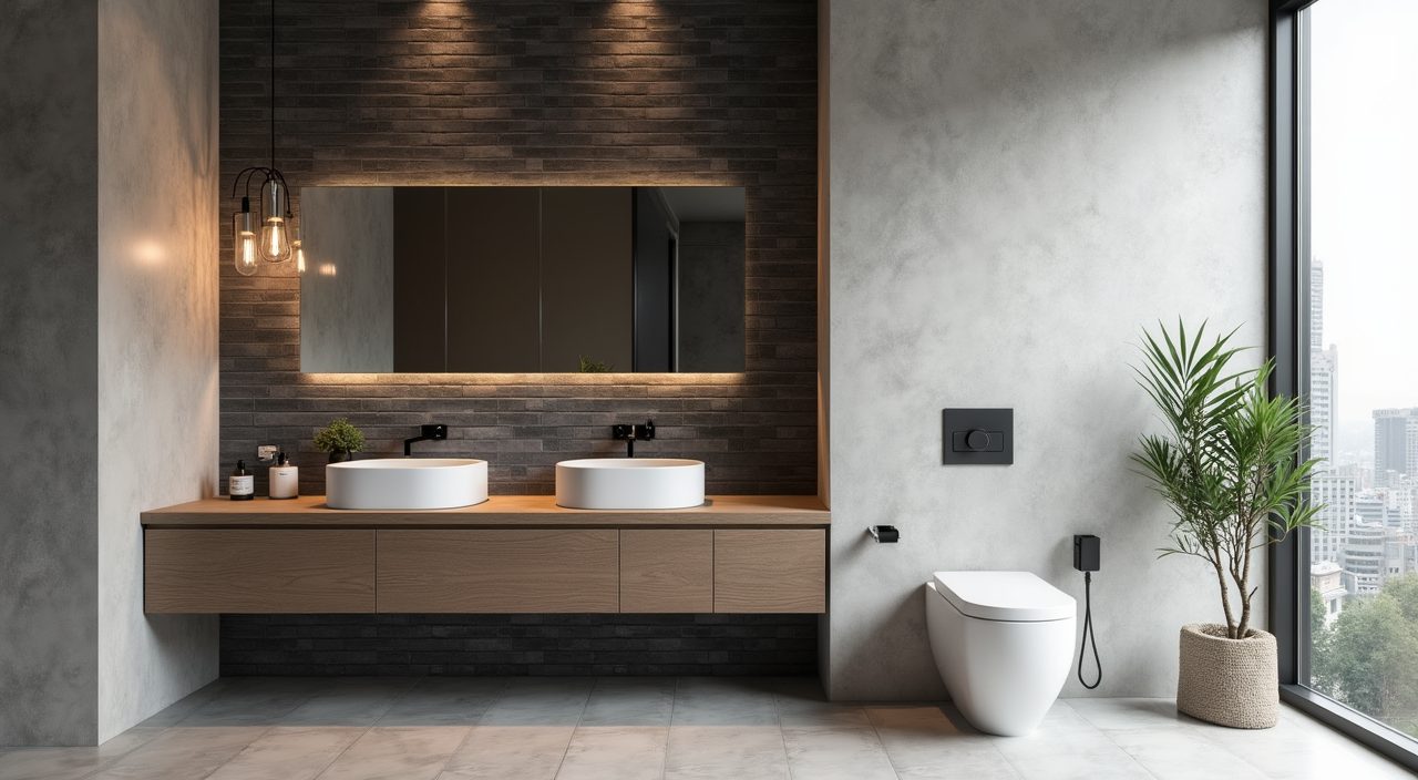 Industrial Singapore bathroom with one charcoal brick-look feature wall behind the vanity