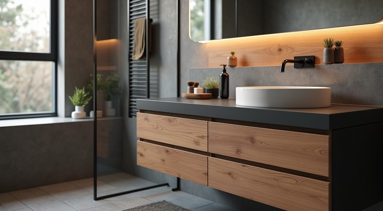 Warm timber-look vanity and slatted wood shelf softening an industrial Singapore bathroom