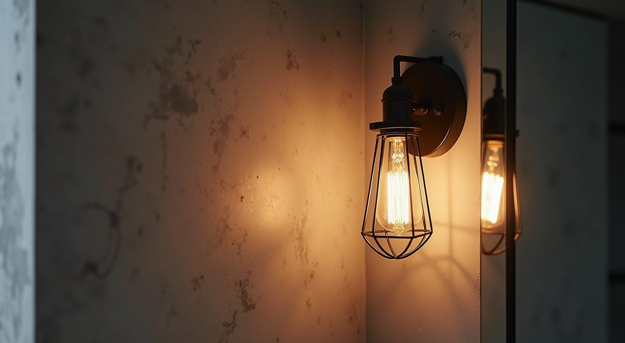 Caged exposed-bulb wall sconce lighting detail beside the mirror in an industrial Singapore bathroom