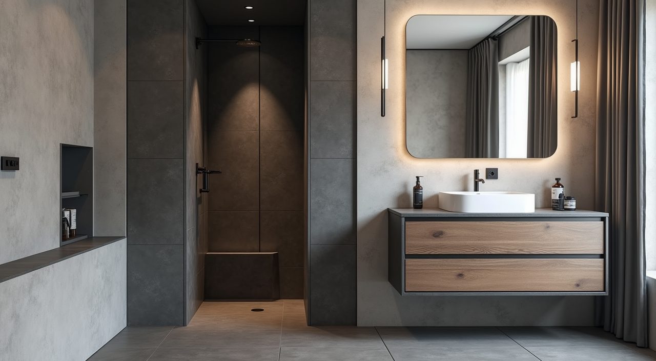 Recessed charcoal-tiled shower niche and wall-hung vanity storage in an industrial Singapore bathroom
