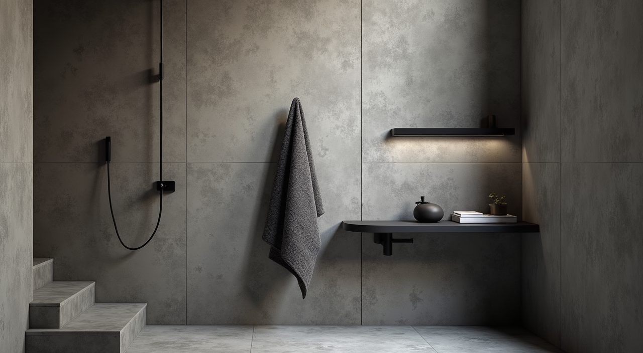 Quiet industrial style corner nook with microcement wall and matte black towel bar in a Singapore bathroom
