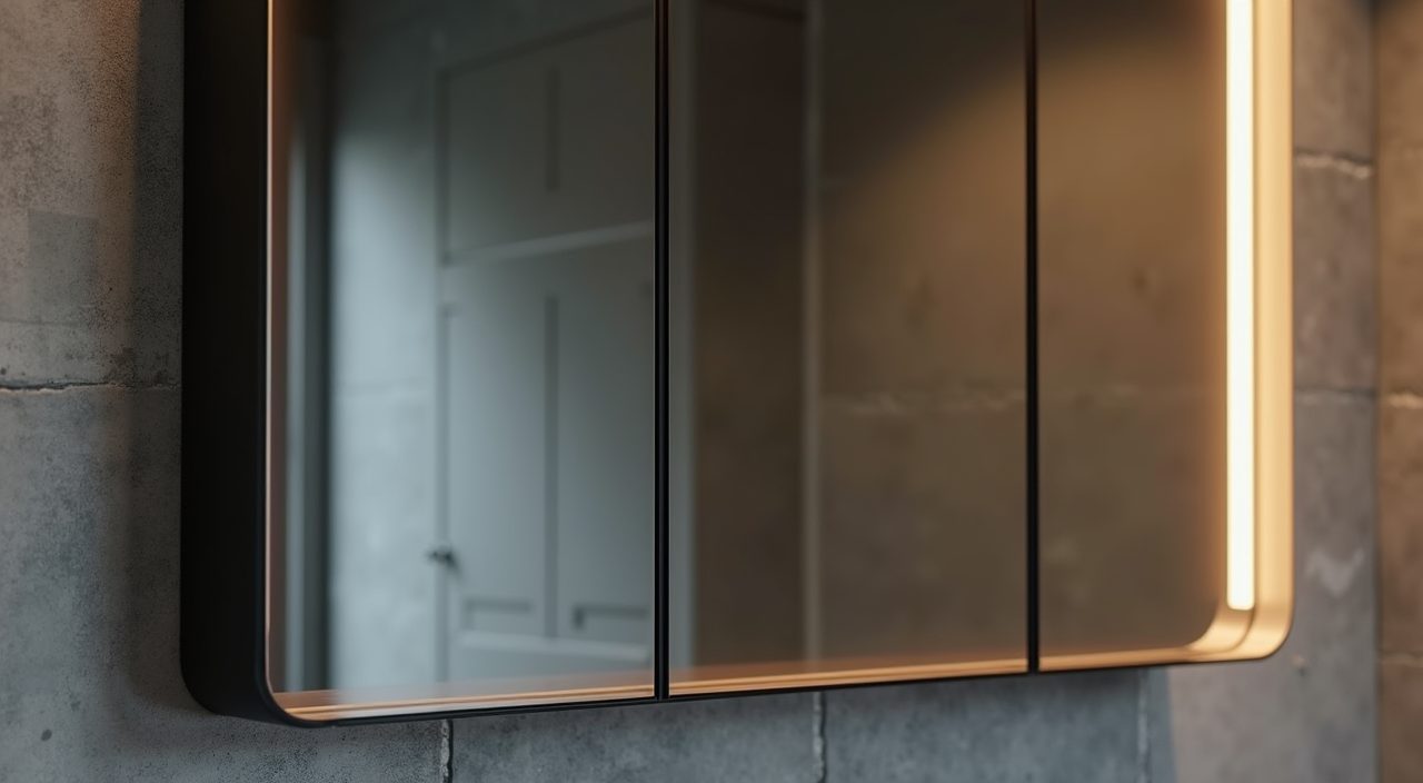 Matte black framed mirror cabinet reflecting warm light in an industrial Singapore bathroom