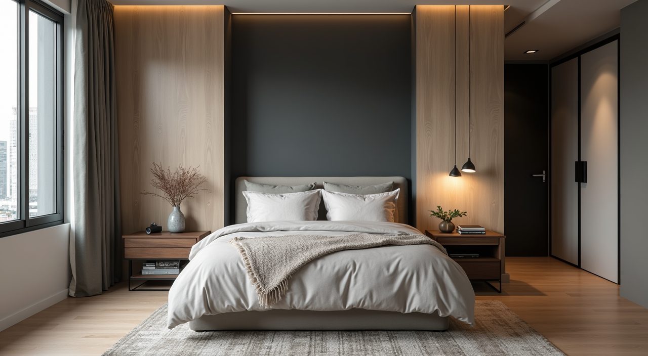 Industrial bedroom in a Singapore HDB flat with warm grey walls and a charcoal feature wall behind the bed