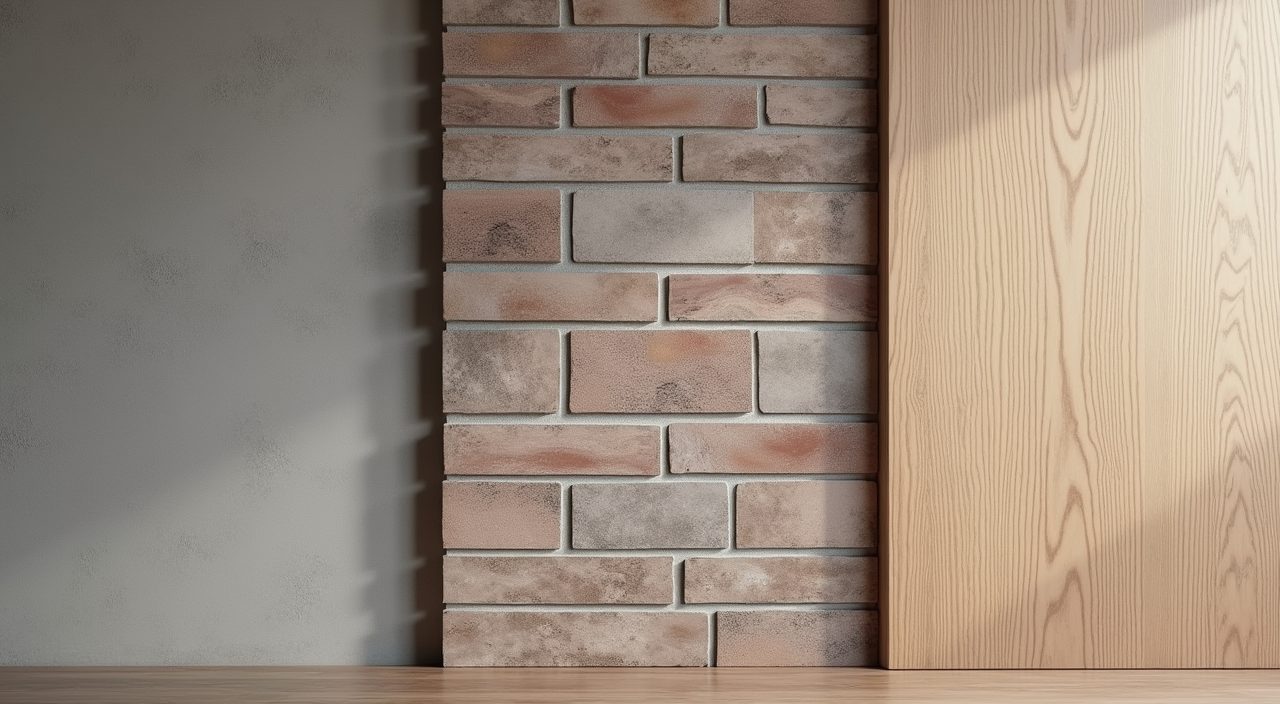 Close up of moisture-tolerant industrial materials, microcement, brick-look tile and oak laminate, for a Singapore bedroom