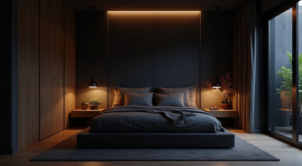 Night mood shot of an industrial style Singapore bedroom with warm glow on a charcoal feature wall