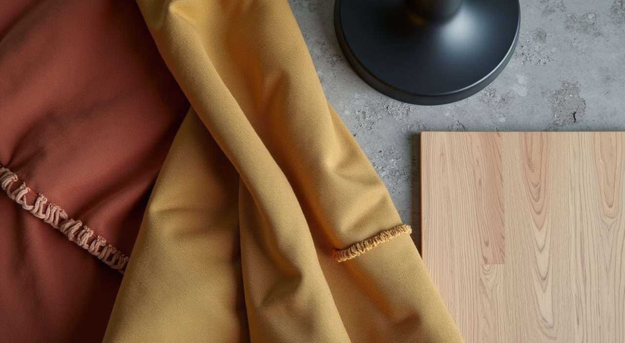 Flat lay of rust, tan, olive and mustard accent swatches with black and oak samples for an industrial Singapore bedroom