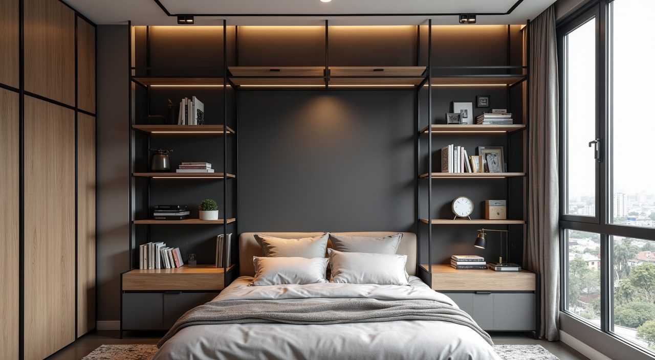 Black metal-framed floor-to-ceiling storage in an industrial style Singapore bedroom saving floor space