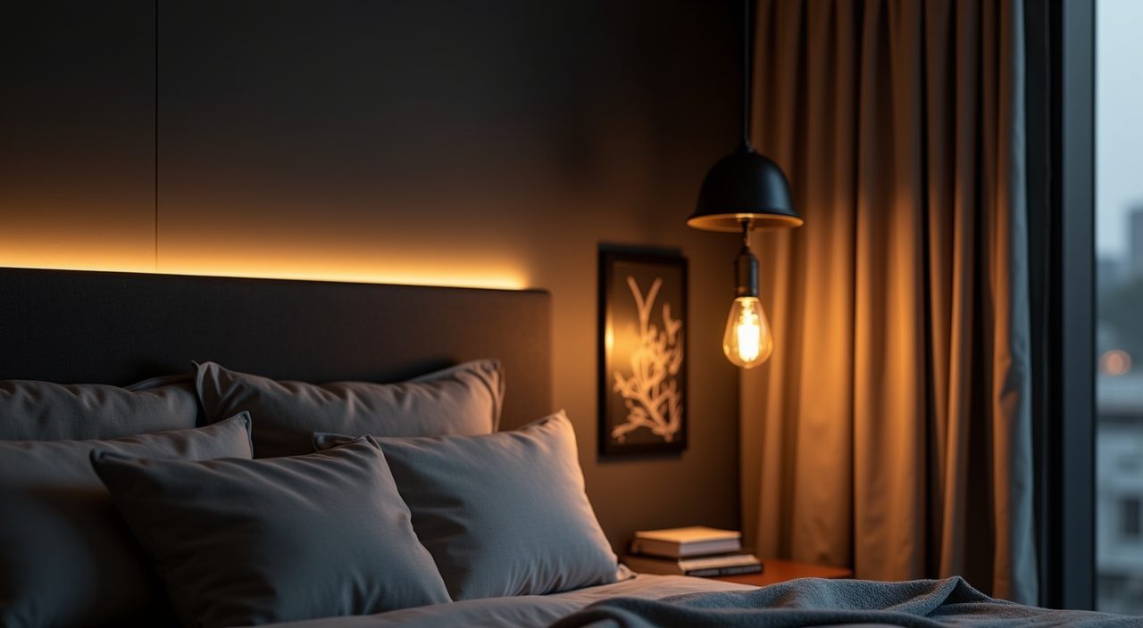 Layered warm lighting with black pendant and LED strips in an industrial style Singapore bedroom