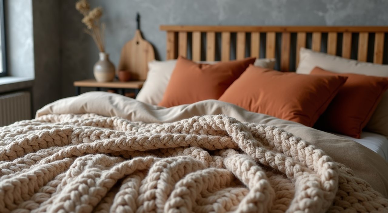 Soft textiles, knit throw and linen bedding on a timber headboard bed in an industrial style Singapore bedroom
