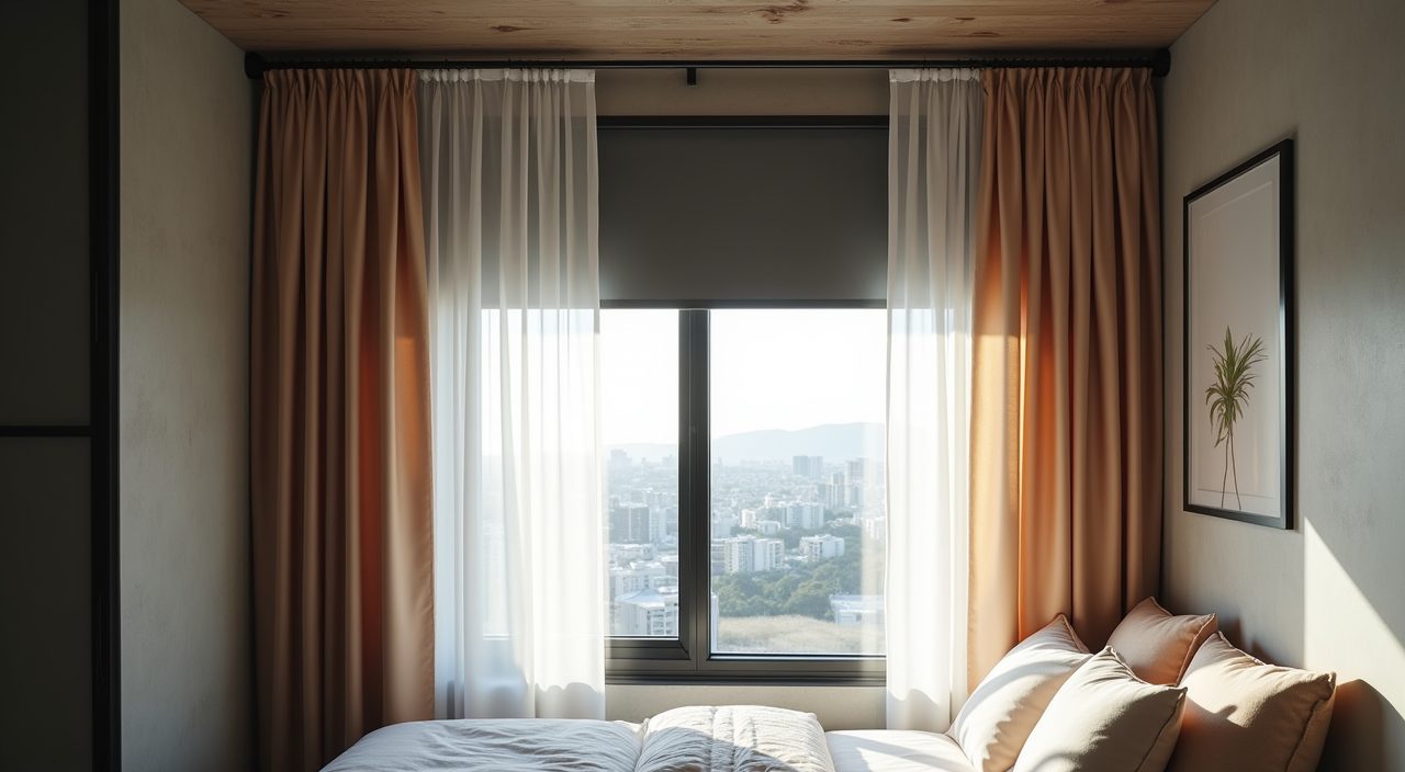 Industrial style Singapore bedroom window with sheer and blackout layers on a black metal track for tropical sun