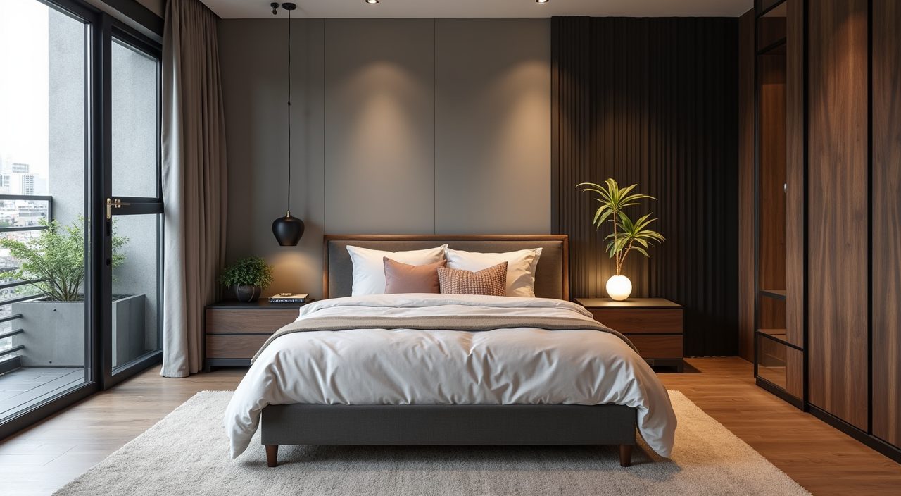 Compact edited industrial style Singapore bedroom with a restrained palette of wood, grey and black metal