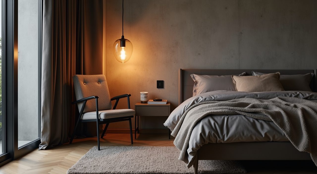 Cozy reading nook corner with black metal chair and exposed-bulb lamp in an industrial style Singapore bedroom