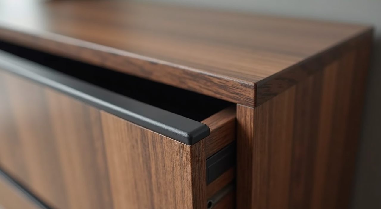 Close up of matte black handle on walnut laminate carpentry in an industrial style Singapore bedroom