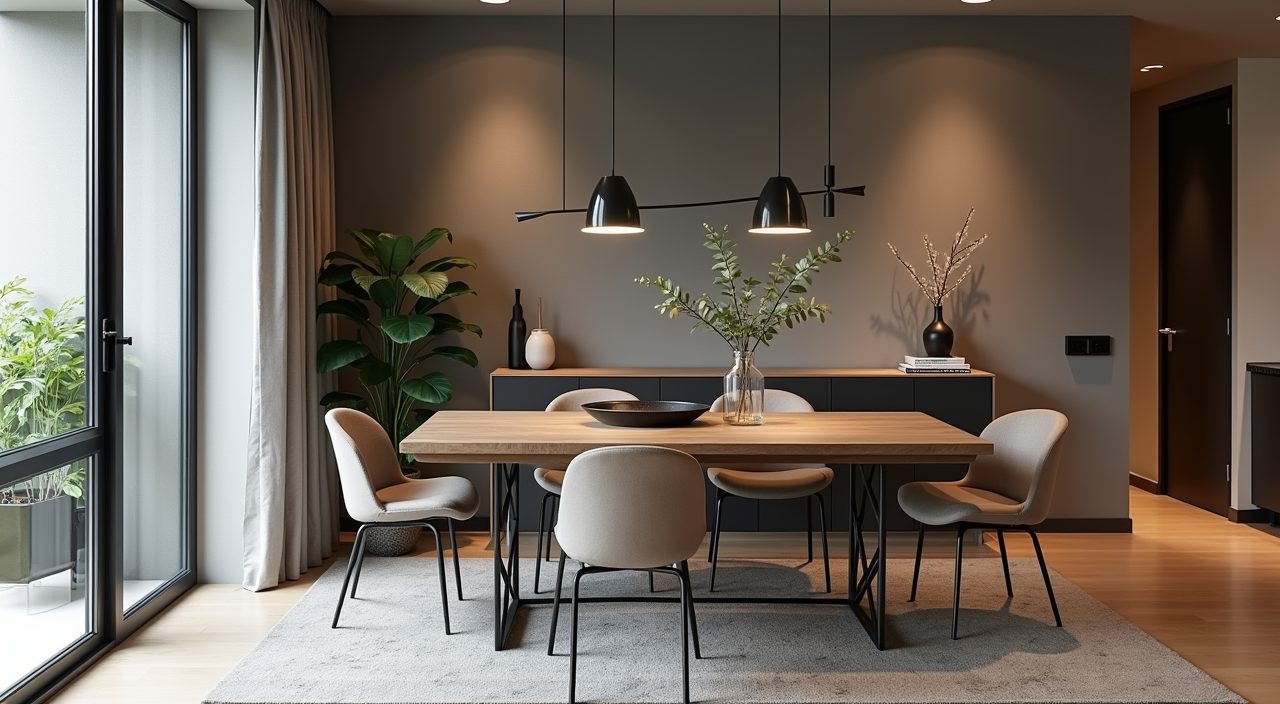Industrial dining area in a Singapore HDB with warm-grey walls and warm wood table
