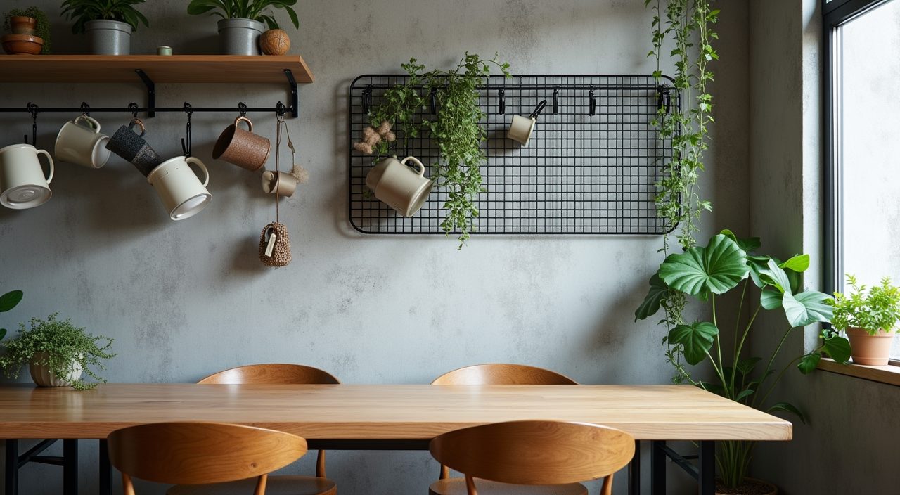 Black metal pegboard with mugs and greenery on an industrial dining wall in a Singapore HDB