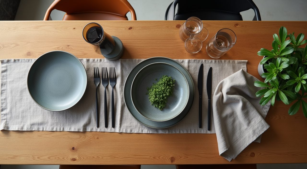 Overhead industrial dining table setting with black cutlery and stoneware in a Singapore home