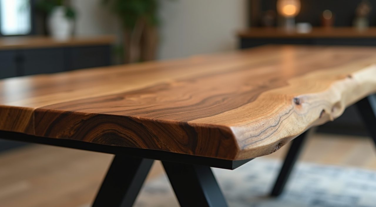 Solid wood dining table with black metal legs in a Singapore industrial dining area