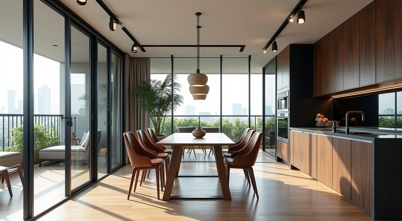 Black-framed Crittall glass partition zoning an industrial dining area in a Singapore condo