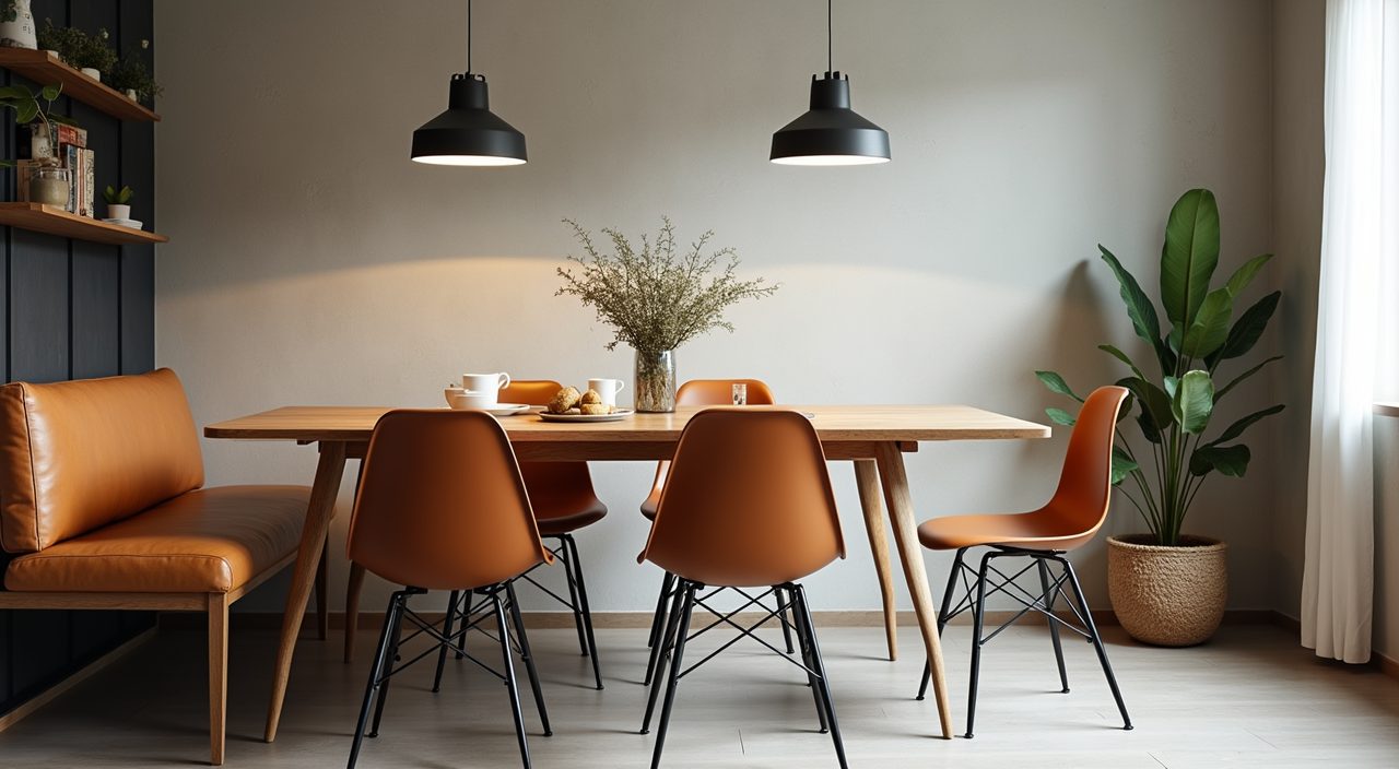 Bench seating with mismatched metal and wood chairs in a Singapore industrial dining area