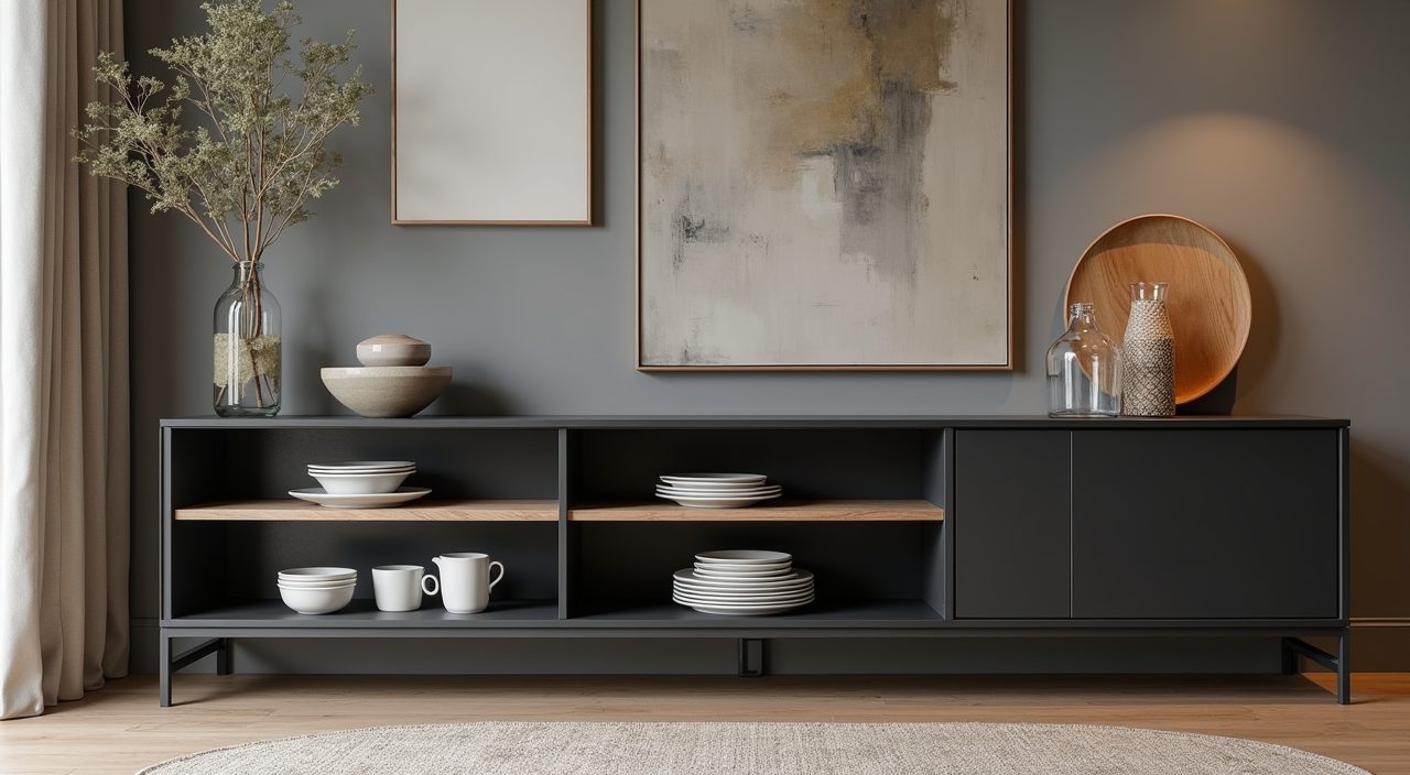 Open metal shelving and industrial sideboard for storage in a Singapore dining area