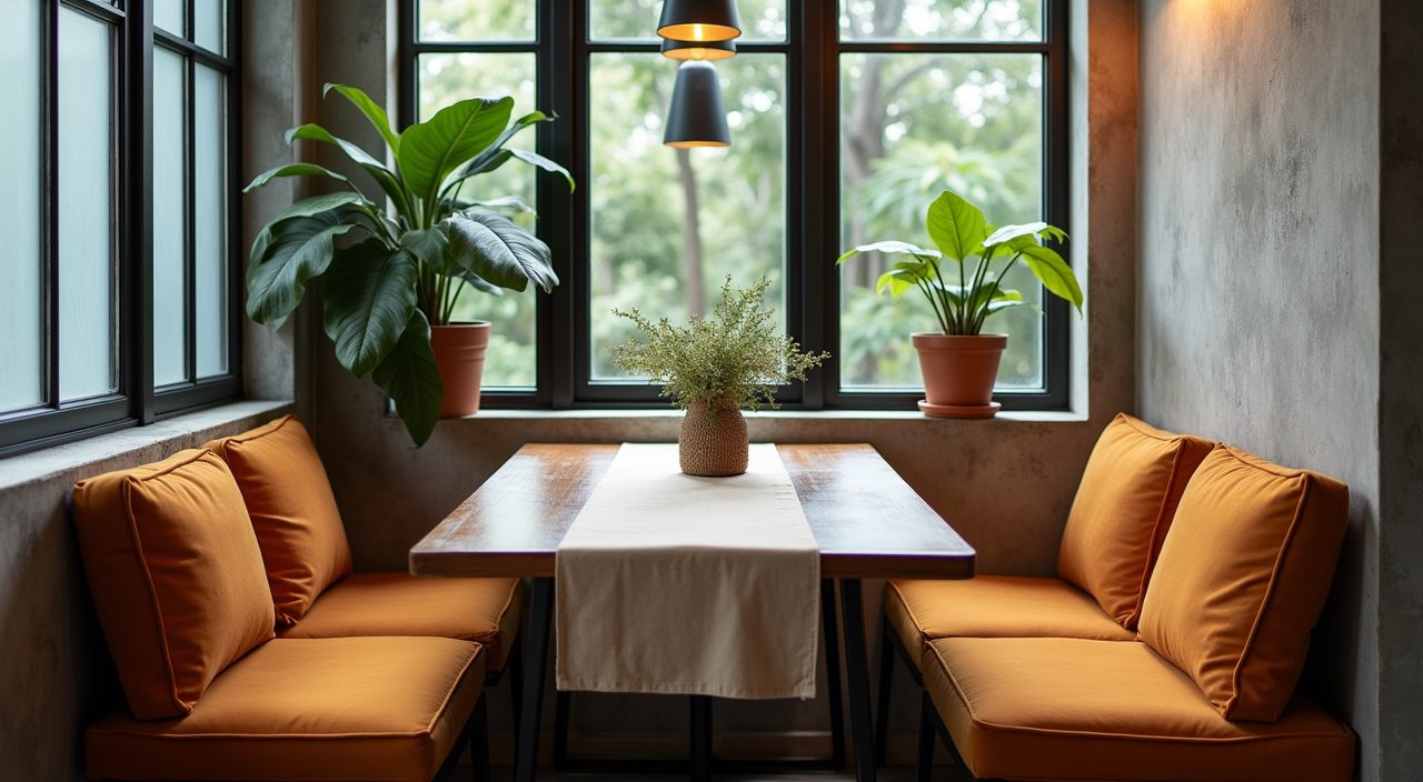 Industrial dining corner softened with greenery and warm textiles in a Singapore home