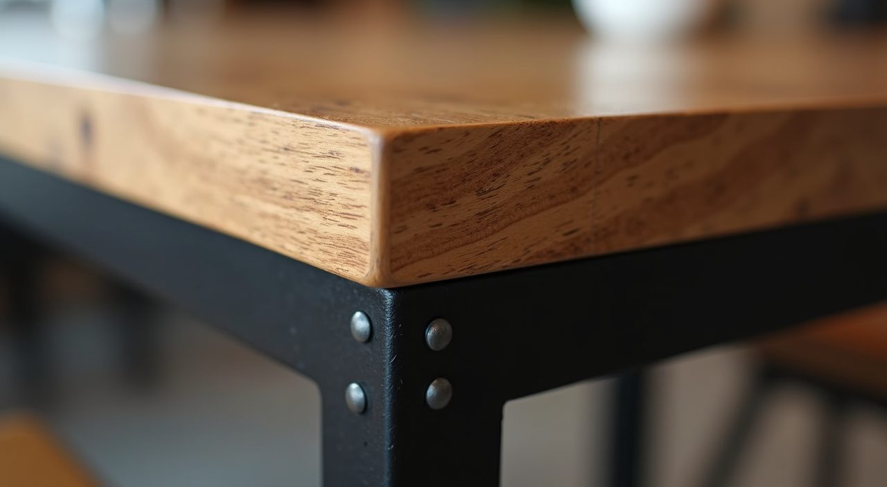 Close-up of black steel leg meeting oak tabletop in a Singapore industrial dining area