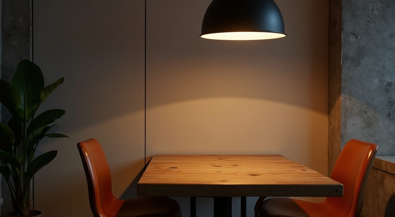 Dusk mood shot of an industrial dining area with warm pendant light in a Singapore condo