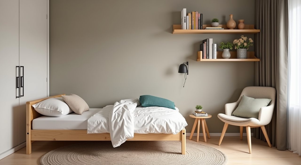 Industrial kids room in Singapore with warm greige walls, plywood furniture and muted teal accent