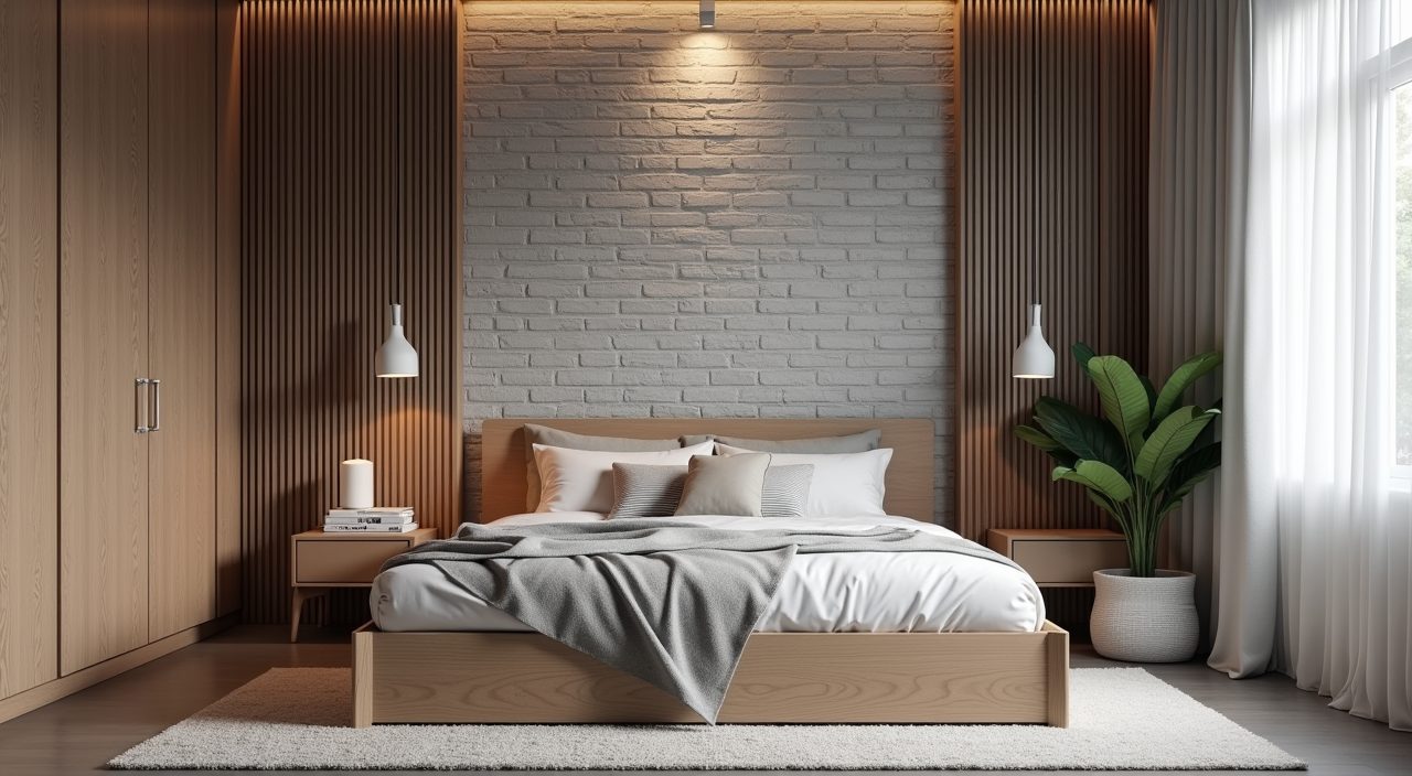 Industrial kids room feature wall in Singapore with faux brick panels and concrete-effect texture behind bed