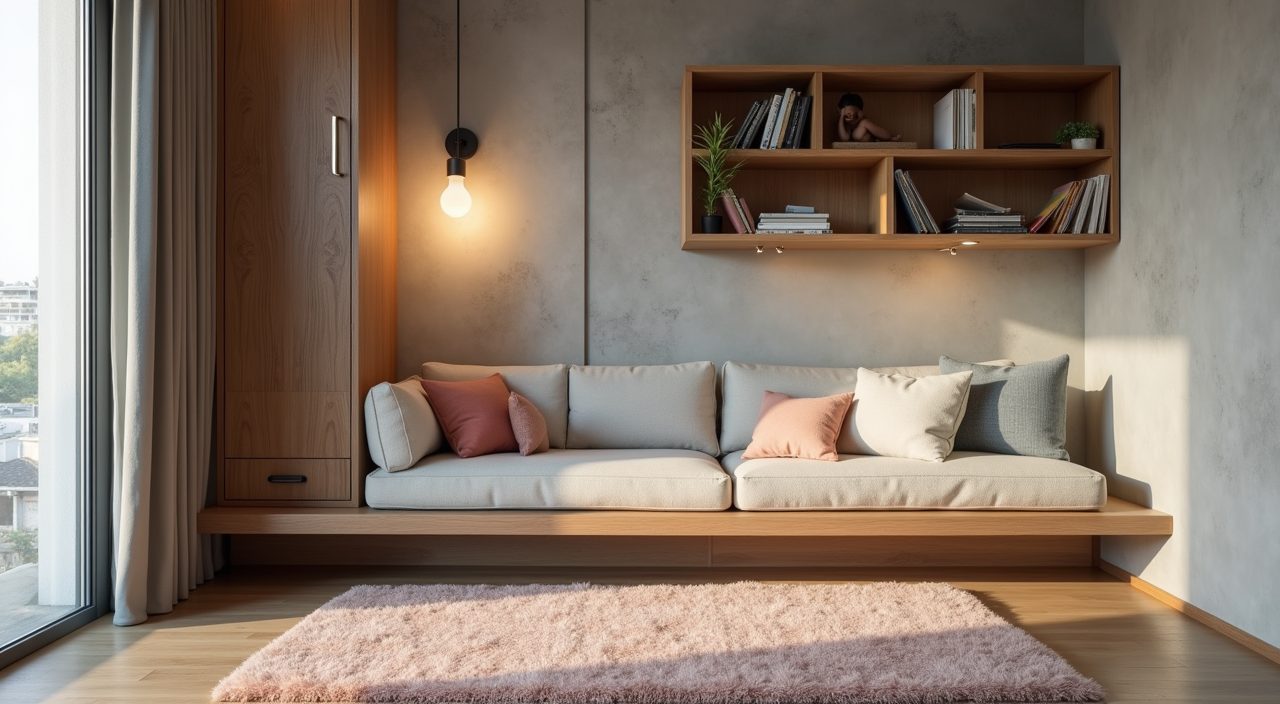 Industrial kids room reading nook corner in Singapore with low shelving, accent rug and concrete-look wall