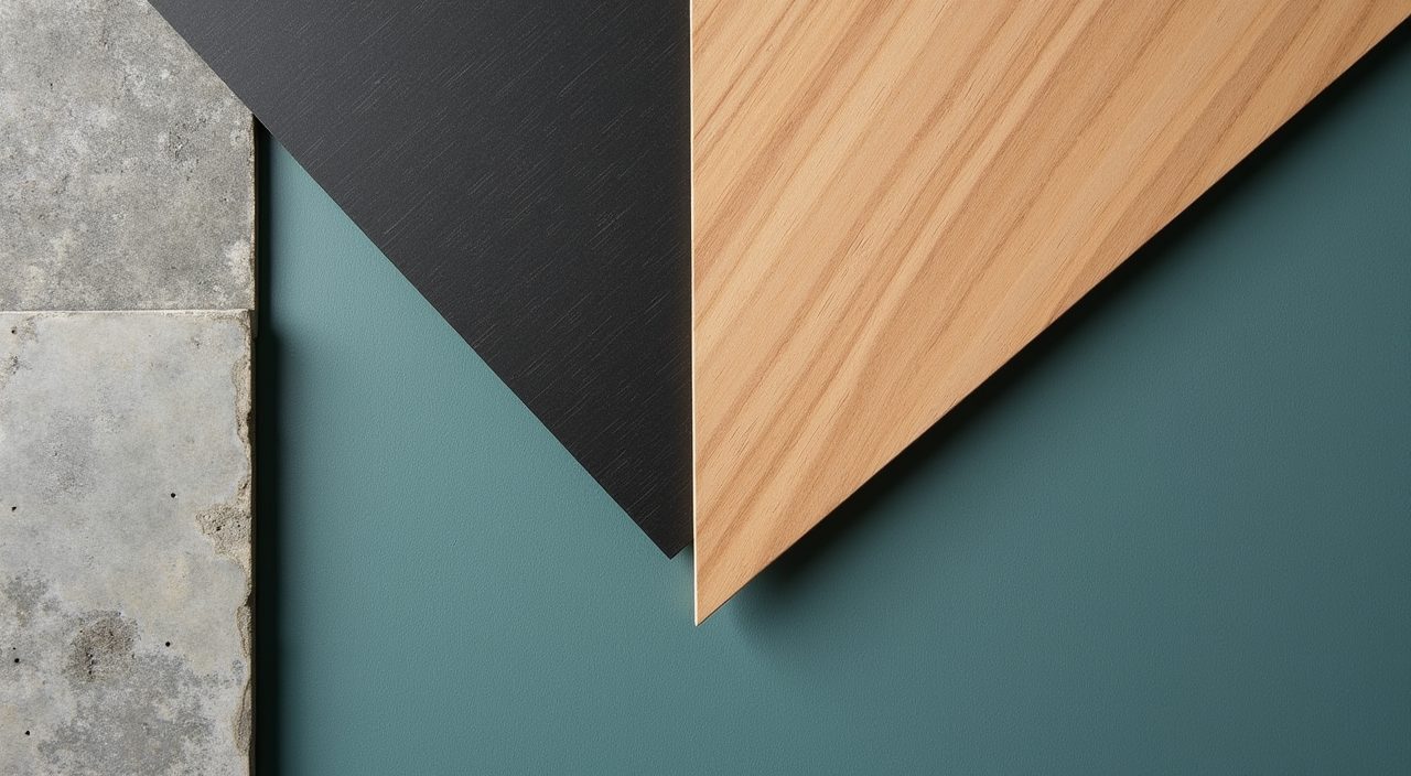 Industrial kids room material palette detail in Singapore with plywood, black metal, teal textile and concrete-effect finish