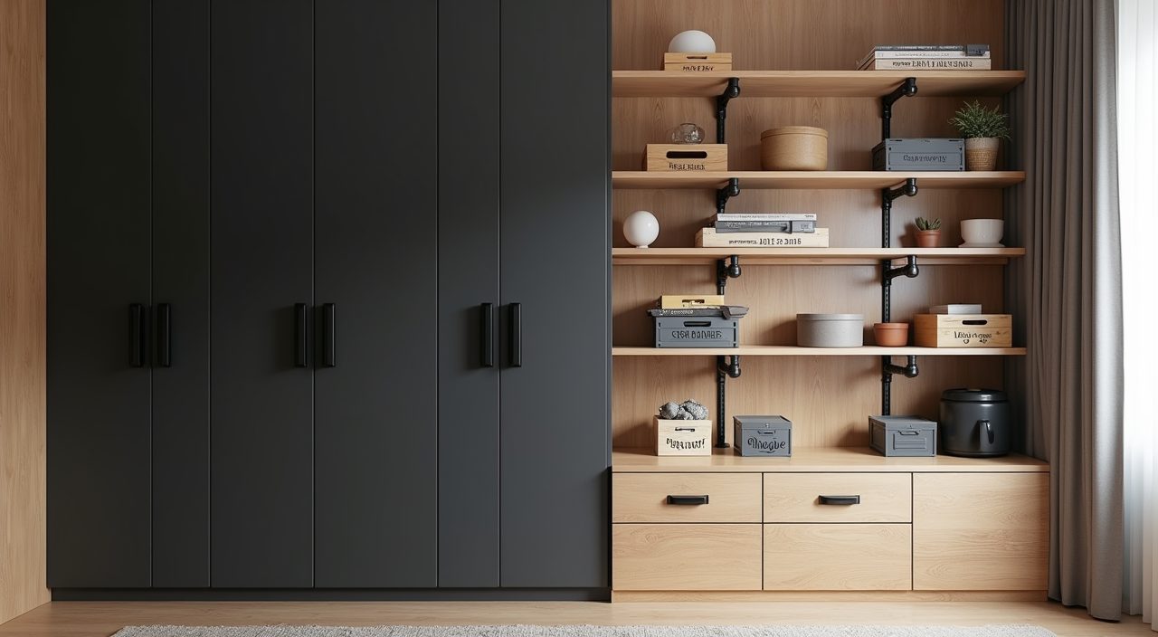 Industrial kids room in Singapore with tall black wardrobe and vertical pipe-bracket timber shelving