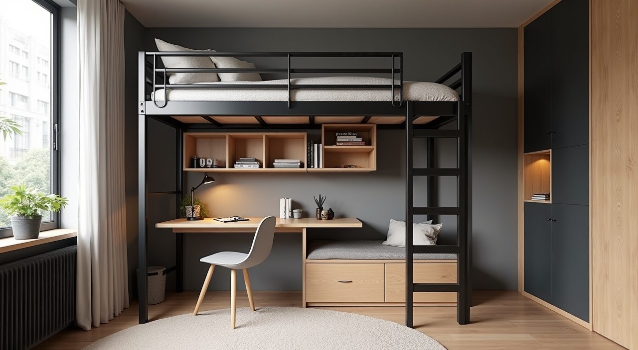 Industrial black steel loft bed in Singapore kids room with study desk underneath