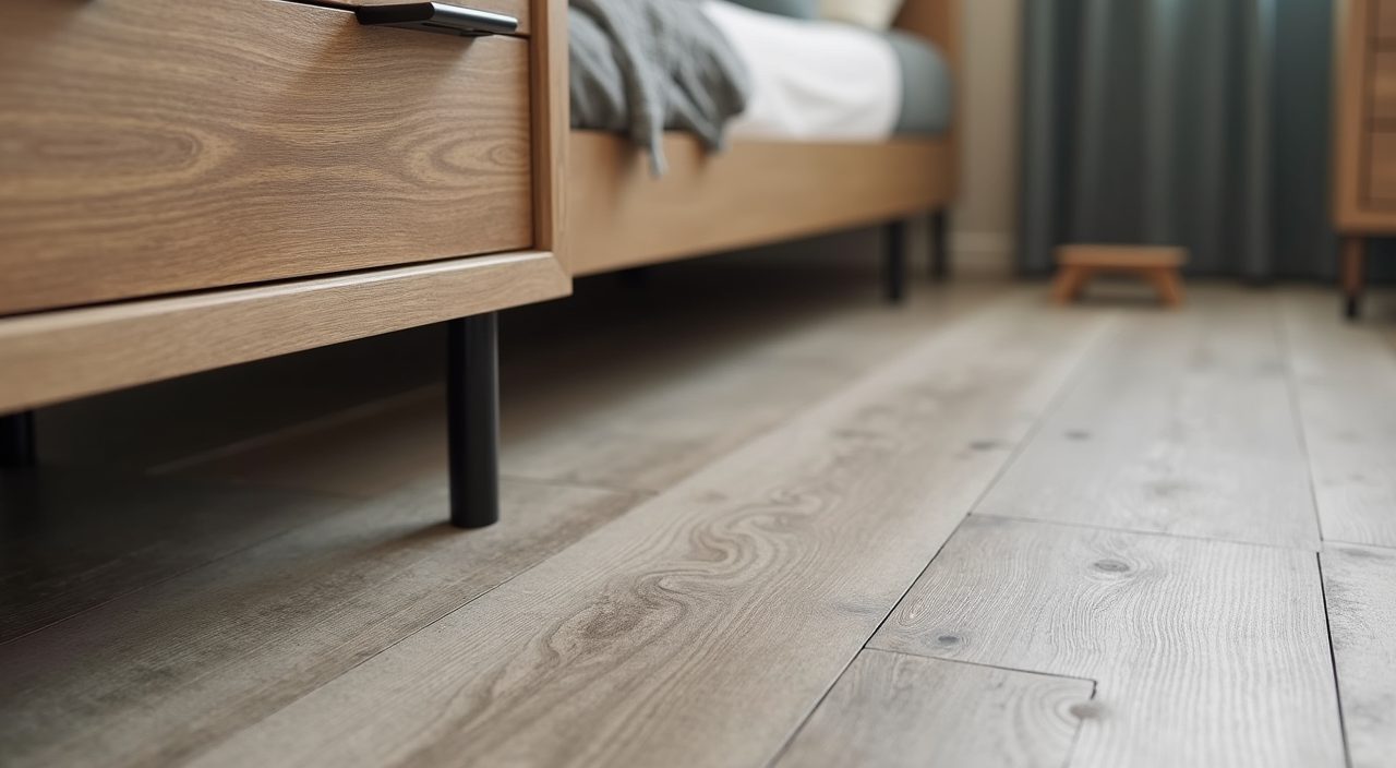 Close-up of industrial kids room finishes in Singapore showing laminate carpentry, black metal handle and SPC concrete-look flooring