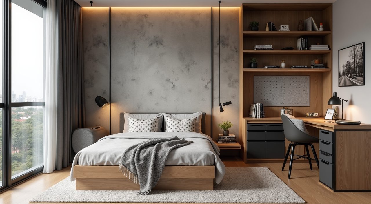 Industrial kids room in Singapore zoned for sleep, study and play with concrete feature wall, pegboard desk and play rug