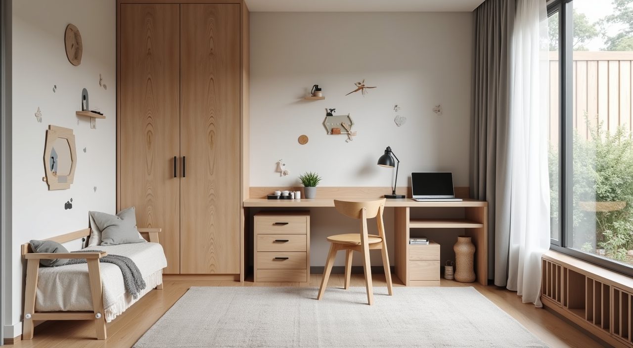 Flexible industrial kids room in Singapore with plywood built-ins, adjustable chair and swappable decor