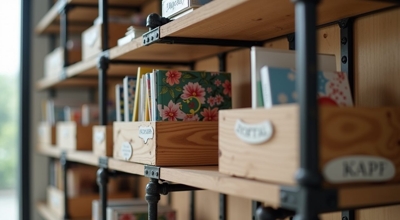 Detail of industrial pipe-bracket shelving with books and crates in Singapore kids room